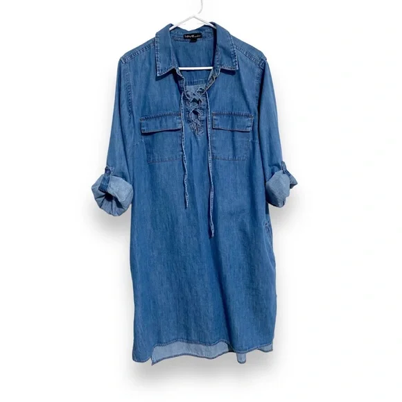 chinese dress ladies Anna-Kaci Women's Jean Shirt Dress Long Sleeves Waist Ties Casual Short Chambray  Denim, Blue, Small at Amazon Women's Clothing store